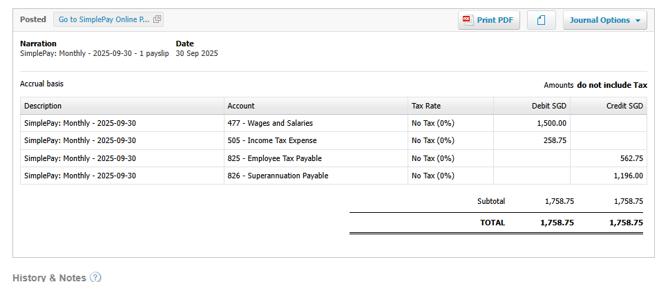 Xero manual journal showing SimplePay monthly payroll entries with wages, tax expense, and payables